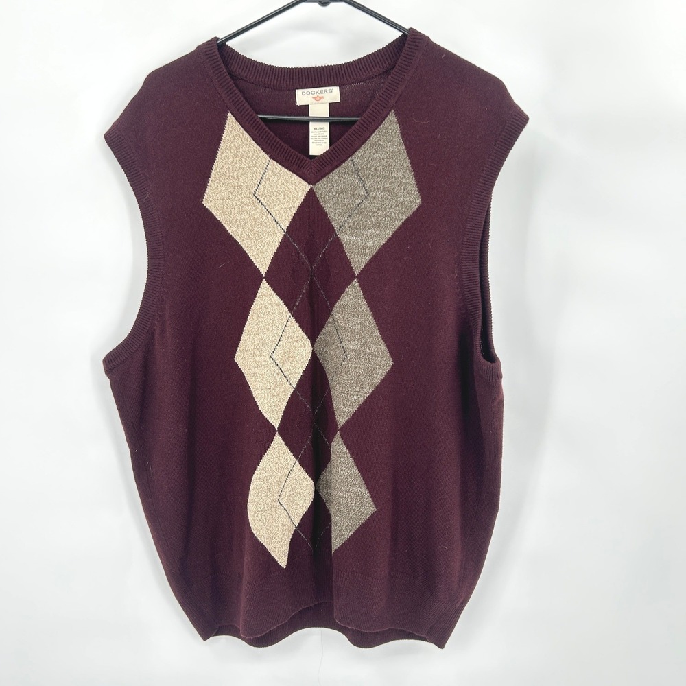 VTG Argyle Grandpa Sweater Vest XL Burgundy Beige Preppy Academia Ivy League‎